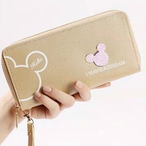 Minnie Mickey Mouse Wristlet Clutch  Convertible Long Wallet Tan Champagne Gold